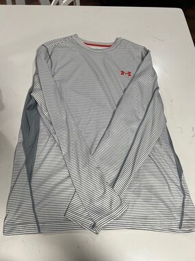 Under Armour Men’s White & Gray Striped Long Sleeve Shirt with Orange Logo